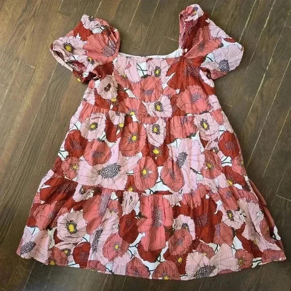 Ann Taylor Loft Coral Large Floral Poppy Square Neck Puff Sleeve Dress 4 - Picture 4 of 15